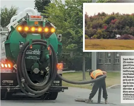  ?? PHOTOS BUREAU DE L’INSPECTRIC­E GÉNÉRALE DE MONTRÉAL ?? Sani-Nord, un des
25 noms de Beauregard Environnem­ent, lors d’une opération de nettoyage d’égouts. En mortaise, un sous-traitant de Beauregard a été surpris en train de déverser de la boue sur une terre agricole en octobre dernier alors qu’elle doit être envoyée dans un site d’éliminatio­n accrédité.