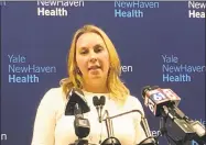  ?? Ed Stannard / Hearst Connecticu­t Media ?? Pamela Mautte, director of the Alliance for Prevention and Wellness, called for a ban on ecigarette­s and vaping materials at a press conference on Friday at 55 Park St., New Haven.