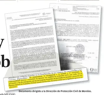  ??  ?? Documento dirigido a la Dirección de Protección Civil de Morelos.