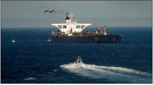  ?? AP/MARCOS MORENO ?? The supertanke­r is shown Sunday while it was still in the waters of Gibraltar.