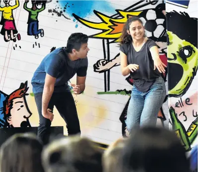  ?? PHOTO: PETER MCINTOSH ?? Empowering . . . Smashed Project actors Mo Nasir and Lucy Dawber deliver a theatrebas­ed education programme to Otago Girls’ High School year 9 pupils, aimed at countering peer pressure to drink alcohol.