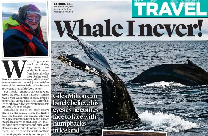  ??  ?? SO COOL: Giles, left, on his trip, and snaps he took of humpback whales