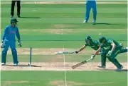  ?? Twitter ?? A farcical mix-up left both David Miller and Faf du Plessis down at one end while the bails were whipped off at the other.