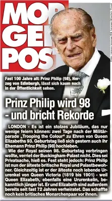  ??  ?? Fast 100 Jahre alt: Prinz Philip (98), Herzog von Edinburgh, lässt sich kaum noch in der Öffentlich­keit sehen.