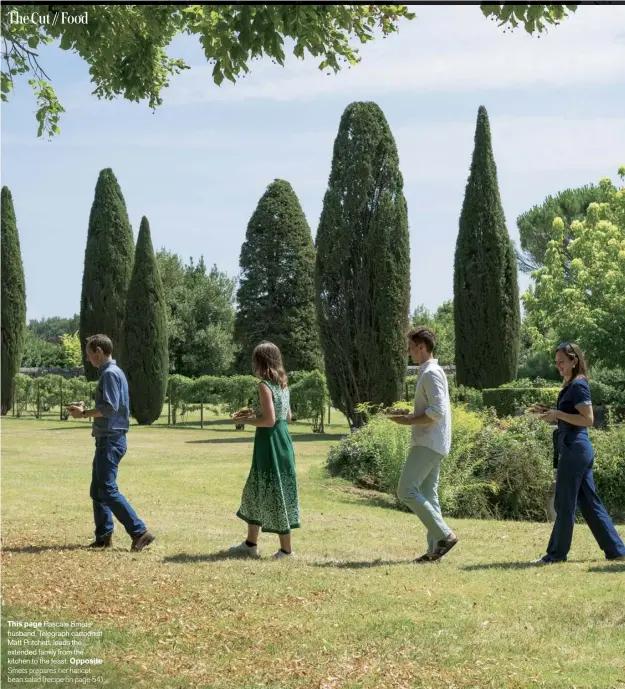  ??  ?? This page Pascale Smets’ husband, Telegraph cartoonist Matt Pritchett, leads the extended family from the kitchen to the feast. Opposite Smets prepares her haricotbea­n salad (recipe on page 54)