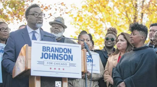  ?? PAT NABONG/SUN-TIMES ?? Cook County Commission­er Brandon Johnson, shown announcing his candidacy for mayor in October, released his anti-crime strategy Monday.