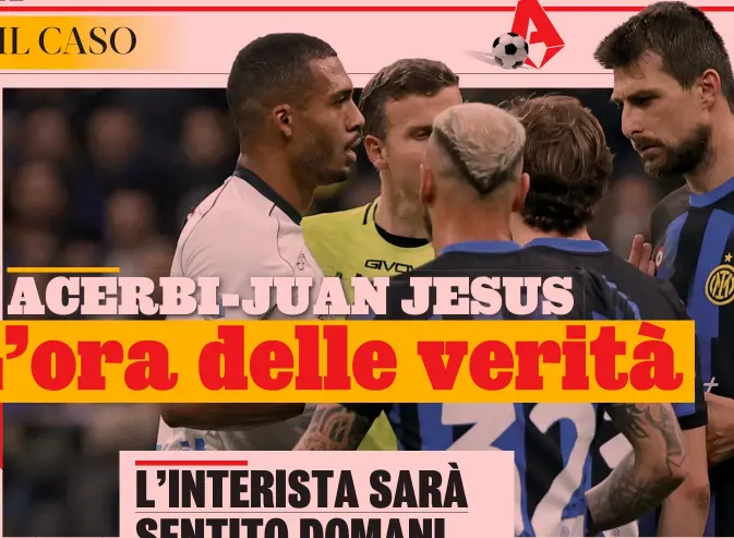  ?? ?? Diverbio Juan Jesus, 32 anni, e Francesco Acerbi, 36 anni, discutono in campo sotto lo sguardo dell’arbitro Lapenna