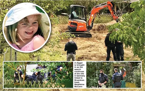  ?? Picture: ANDY STENNING / TIM MERRY / EPA / BILD / REUTERS ?? A digger is brought in as the search continues at the site in Germany linked to Brueckner. Inset, Madeleine McCann