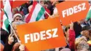  ??  ?? Fidesz-Anhänger mit Parteilogo bei einer Wahlkampfk­undgebung im 2018 in der ungarische­n Stadt Szekesfehe­rvar