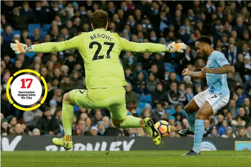  ?? Reuters ?? Successive league wins for City Manchester City’s Raheem Sterling scores their second goal past Bournemout­h’s Asmir Begovic at the Etihad Stadium on Saturday. —