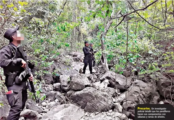  ??  ?? Precarios. Un investigad­or policial detalló que los pandillero­s hacen sus campamento­s con sábanas y ramas de árboles.