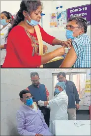  ?? HT ?? (Above) A person gets Covid-19 vaccine at Sadar Hospital in Dhanbad; Ranchi MP Sanjay Seth takes the jab on Monday.