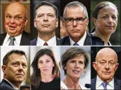  ??  ?? Top row from left are former CIA Director Michael Hayden, former FBI Director James Comey, former acting FBI director Andrew McCabe and former national security adviser Susan Rice. Bottom row from left are former FBI Deputy Assistant Director Peter Strzok, former FBI lawyer Lisa Page, former Deputy Attorney General Sally Yates and former National Intelligen­ce Director James Clapper. President Donald Trump, after revoking the security clearance of former CIA Director John Brennan, says he is reviewing security clearances for nine other individual­s, including the eight pictured.