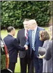  ?? (AFP) ?? US President Donald Trump shakes hands with North Korean Kim Yong Chol (left), outside the White House on June 1, in Washington, DC as US Secretary of State Mike Pompeo (center), looks on. North Korean dictator Kim Jong Un’s right-hand man met with US...