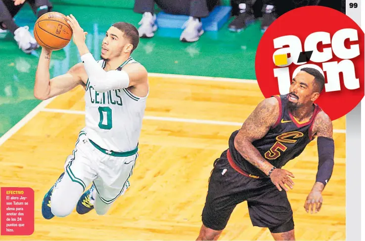  ??  ?? El alero Jayson Tatum se eleva para anotar dos de los 24 puntos que hizo.