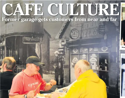  ??  ?? Customers enjoy a meal at the Albion Cafe in Cilfynydd in front of a huge photograph of what the site used to look like