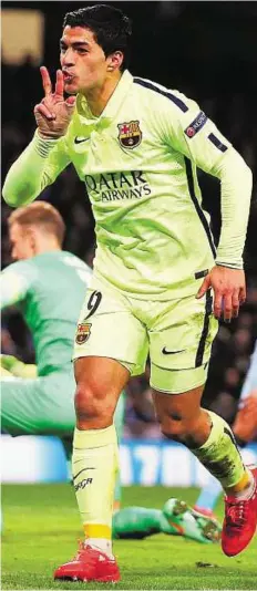  ?? Reuters ?? Uefa Champions League First leg: Juventus 2 Dortmund 1 Manchester City 1 Barcelona 2 Two good Luis Suarez celebrates after scoring against Manchester City at the Etihad Stadium on Tuesday.
Last 16
TUESDAY’S RESULTS