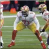  ?? WINSLOW TOWNSON — THE ASSOCIATED PRESS, 2020 ?? 49ers offensive tackle Trent Williams blocks against the Patriots at Gillette Stadium on Oct. 25.