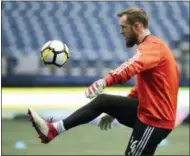  ?? THE ASSOCIATED PRESS ?? Seattle Sounders goalkeeper Stefan Frei kicks the ball during MLS soccer training, Wednesday in Seattle.