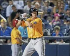  ?? JOHN BLAINE — FOR THE TRENTONIAN ?? Bowie third baseman Ryan Mountcastl­e bats during the Eastern League All-Star Game at Arm & Hammer Park.