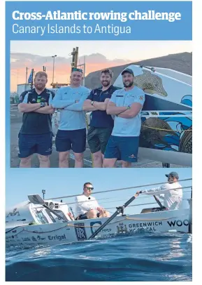  ?? Picture: Robin Skjoldborg. ?? Matthew Harvey, second left, with HMS Oardacious crew mates Hugo Mitchell-heggs, Callum Fraser and Dylan Woods, and the team at sea.