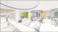  ?? Contribute­d photo ?? Architectu­ral firm Perkins Eastman is moving ahead with new office designs, which prominentl­y feature spacious shared work spaces. This rendering shows part of an office in Athens, Ga., that Perkins Eastman has designed for a pharmaceut­ical firm.