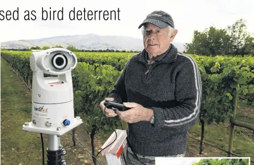  ?? PHOTOS: STEPHEN JAQUIERY/ JARED MORGAN ?? At the controls . . . Viticultur­ist Barry Hunt with ‘‘Birdzout’’ auto bird scare laser to be used at Ewing Stevens’ Anthony James Vineyard near Alexandra. Right: Mr Stevens.