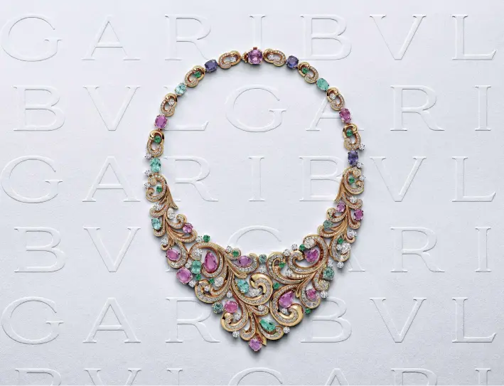  ??  ?? Above, Bulgari’s Barocko Arabesque necklace Left, pink diamond earrings by David Morris Right, The Spirit of the Rose Opposite page, the Pink Star is the largest internally flawless fancy vivid pink diamond in the world