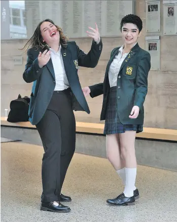  ?? NICK PROCAYLO ?? Maren Gilbert Stewart, left, wears the trousers, which are going to be part of the York House dress code, while Ysabelle Delgado sports the kilt, which has been part of the traditiona­l school uniform.