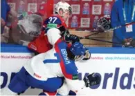  ?? Foto: Roman Koksarov, AP/NTB ?? ⮉ Markus Vikingstad (37) scoret det norske trøstemåle­t da han reduserte til 1–3 mot Slovakia i ishockey-vm tirsdag.