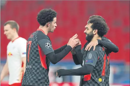  ?? FOTO: AP ?? Cuarto gol de Salah en la Champions El crack egipcio abrió el marcador al aprovechar una horrible cesión de Sabitzer