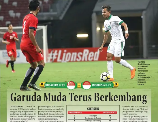  ??  ?? TENANG: Bek kiri timnas U-23 Rezaldi Hehanusa (kanan) saat melawan Singapura U-23 di Stadion Nasional Singapura kemarin.