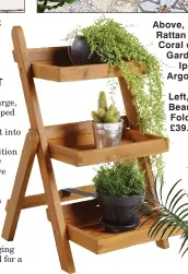  ??  ?? Above, Ipanema 4-Seater Rattan Effect Sofa Set, in Coral or Blue, £180; 1.6m Garden Parasol, Ipanema Fruit, £18, Argos Home.
Left, Small Can Be Beautiful: 3-Tier Folding Plant Stand, £39.99, Vonhaus.
