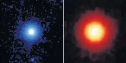  ?? NASA ?? NASA's Spitzer Space Telescope captured these images of the star Vega, located 25 light years away in the constellat­ion Lyra, in 2005. Spitzer was able to detect the heat radiation from the cloud of dust around the star and found that the debris disc is much larger than previously thought.