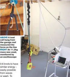  ??  ?? ABOVE A load cell hung from the garage roof measured the force on the line RIGHT An 11.2kg mass was used, monitored by an oscillosco­pe