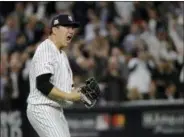  ?? DAVID J. PHILLIP - THE ASSOCIATED PRESS ?? FILE - In this Oct. 18, 2017, file photo, New York Yankees starting pitcher Masahiro Tanaka reacts after striking out Houston Astros’ Josh Reddick in the fifth inning of Game 5 of baseball’s American League Championsh­ip Series in New York.