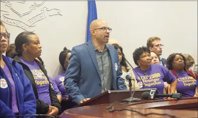  ?? Emilie Munson / Hearst Connecticu­t Media ?? Rob Baril, president of SEIU 1199 New England, stood with nursing home workers who came to the state Capitol in Hartford on May 1, 2019 to renew their threat of a strike.