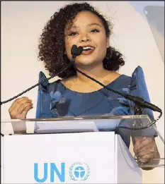  ??  ?? Filipina chef Louise Mabulo addresses the audience during the ceremony for the 2019 UN Champions of the Earth Award in New York last Thursday.