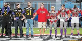  ?? BARRY GRAY THE HAMILTON SPECTATOR FILE PHOTO ?? Hamilton Tiger-Cat players, from left, Simoni Lawrence, Luke Tasker and Mike Filer joined with the Sir Winston Churchill football team on Oct. 10, 2019, to dedicate the game to Churchill student Devan Bracci-Selvey, who was killed just days before.