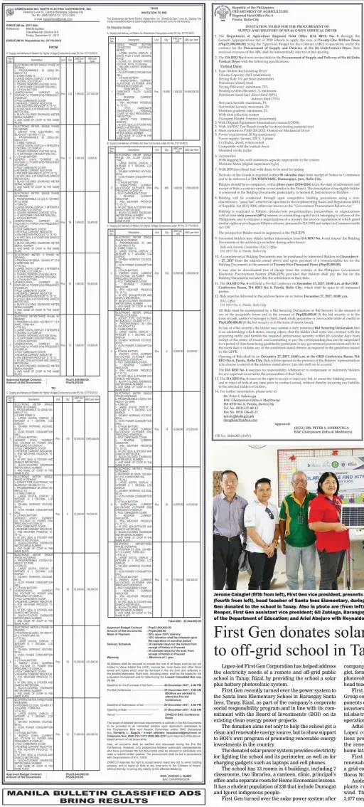  ??  ?? Jerome Cainglet (fifth from left), First Gen vice president, presents a sample of a solar panel to Adoracion Valdez (fourth from left), head teacher of Santa Ines Elementary, during the turnover of a solar power system First Gen donated to the school...