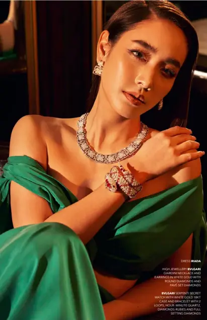  ??  ?? DRESS IRADA
HIGH JEWELLERY BVLGARI GIARDINI NECKLACE AND EARRINGS IN WHITE GOLD WITH ROUND DIAMONDS AND PAVÉ-SET DIAMONDS
BVLGARI SERPENTI SECRET WATCH WITH WHITE GOLD 18KT CASE AND BRACELET WITH 2 LOOPS, HOUR- MINUTE QUARTZ, DIAMONDS-RUBIES AND FULL SETTING DIAMONDS