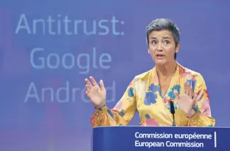  ??  ?? European Union Competitio­n Commission­er Margrethe Vestager gives a joint press at the EU headquarte­rs in Brussels on July 18.