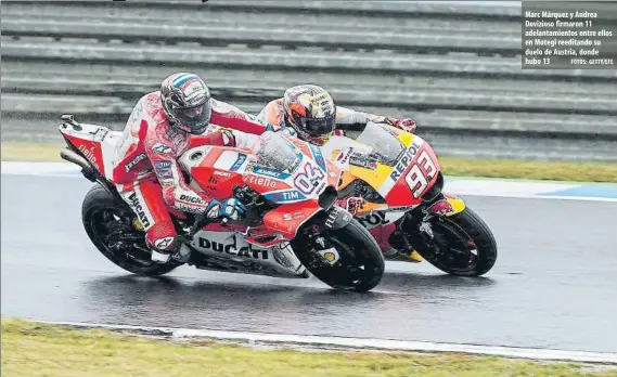  ?? FOTOS: GETTY/EFE ?? Marc Márquez y Andrea Dovizioso firmaron 11 adelantami­entos entre ellos en Motegi reeditando su duelo de Austria, donde hubo 13