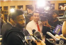  ?? Jeff Chiu / Associated Press ?? Wide receiver Emmanuel Sanders speaks to reporters at the 49ers’ training facility as players cleaned out their lockers.