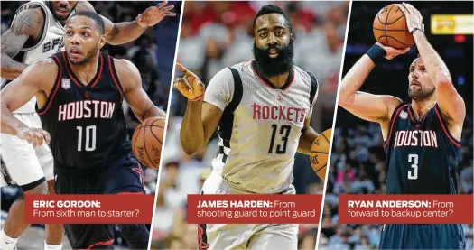 ?? Karen Warren photos / Houston Chronicle ?? ERIC GORDON: From sixth man to starter? JAMES HARDEN: From shooting guard to point guard RYAN ANDERSON: From forward to backup center?