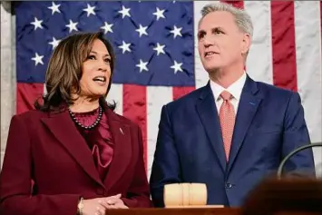  ?? Jacquelyn Martin / Associated Press ?? Vice President Kamala Harris and House Speaker Kevin Mccarthy of Calif., talk before President Joe Biden delivers the State of the Union address to a joint session of Congress at the U.S. Capitol, Tuesday in Washington.