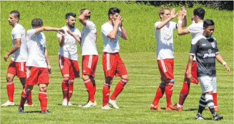  ?? FOTO: HKB ?? Der Hattinger SV, der hier den 4:2-Erfolg gegen den Meister FC Hilzingen feiert, trumpfte zum Saisonende mit sieben Siegen in Folge auf.