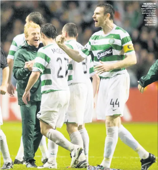  ??  ?? HEAVEN IN 2007 Hartley was part of the Celts side that dumped Milan with Dida hitting the deck, below, after the late winner