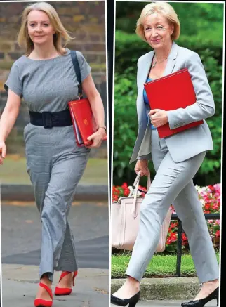  ??  ?? Serious: Theresa May leaves Parliament yesterday. Above: Liz Truss, left, and Andrea Leadsom attended a meeting of Cabinet Brexiteers