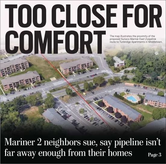  ?? SUBMITTED PHOTO ?? The map illustrate­s the proximity of the proposed Sunoco Mariner East 2 pipeline route to Tunbridge Apartments in Middletown.